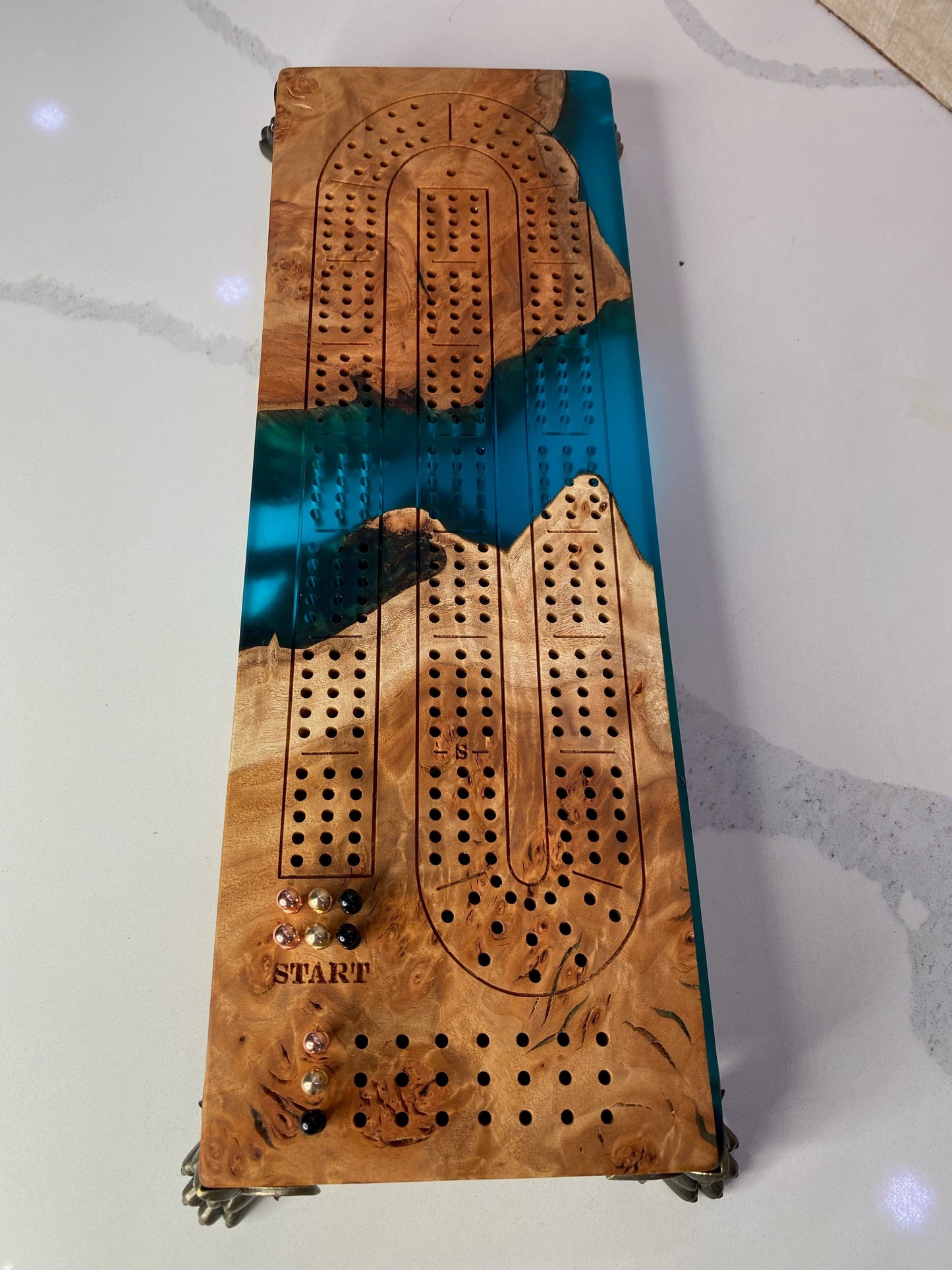 Aqua Blue Cribbage Board with Claw Feet