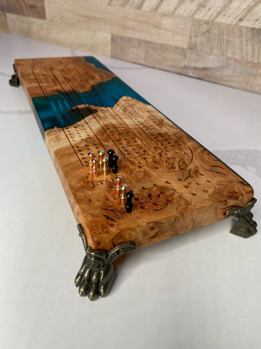 Aqua Blue Cribbage Board with Claw Feet