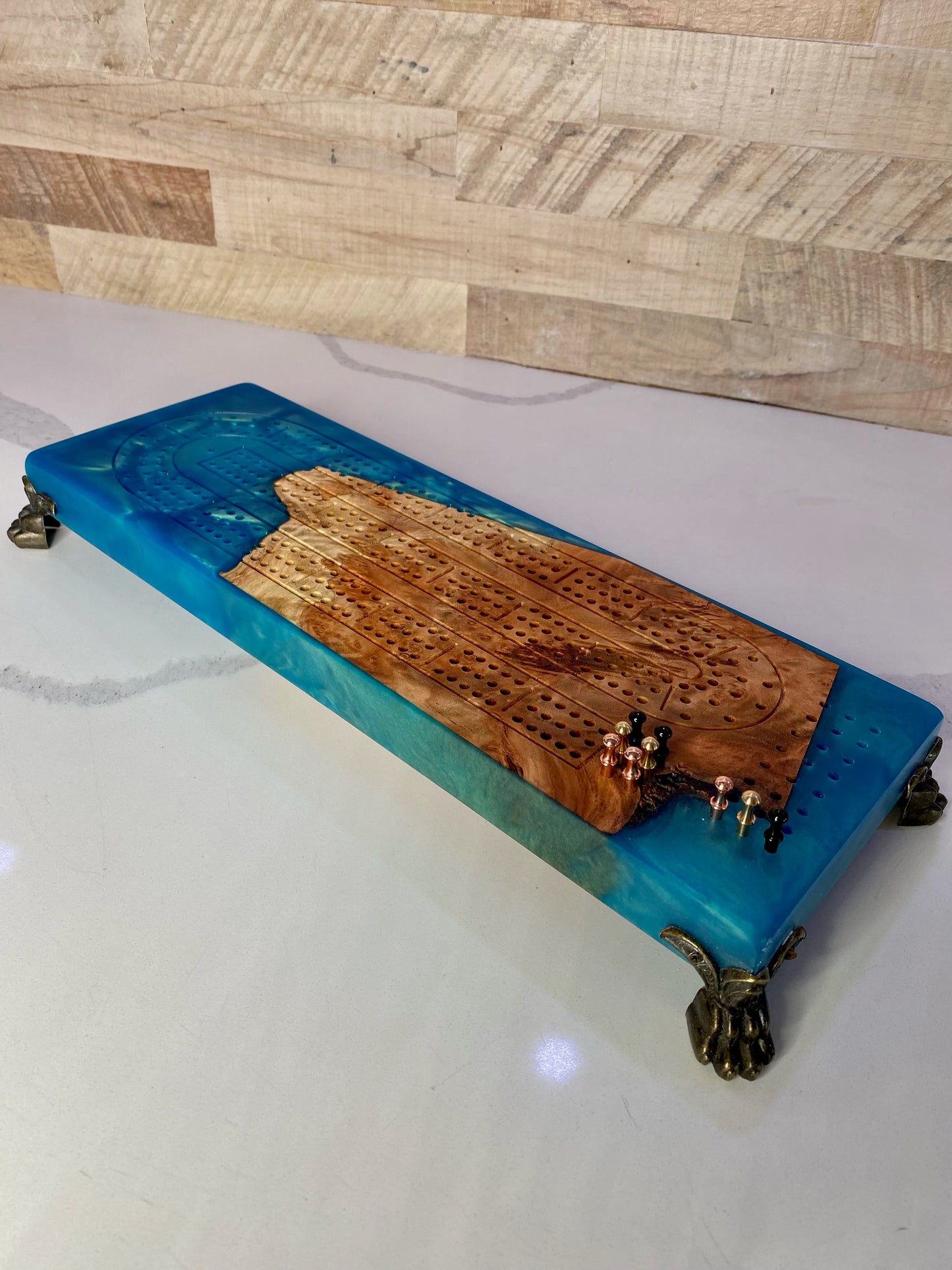 Beach Blue Cribbage Board with Claw Feet