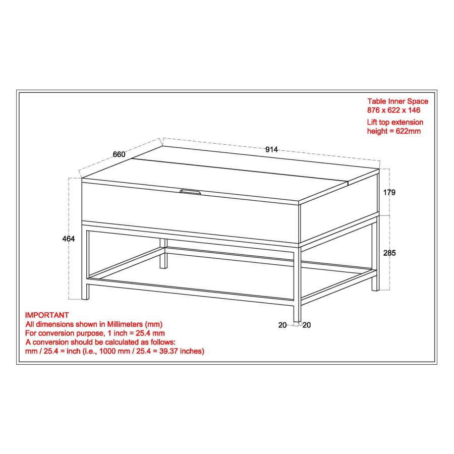 Lift-Top Coffee Table in Natural Burnt and Black